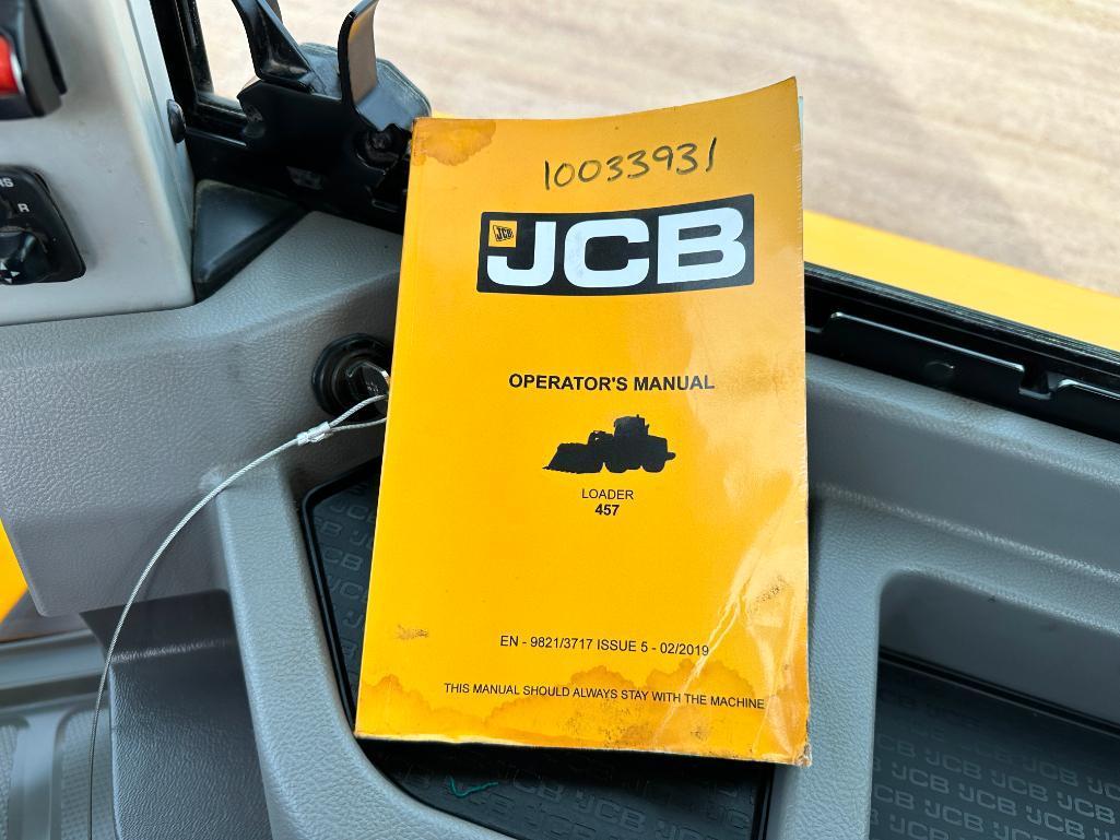 2018 JCB 457 ZX wheel loader, cab w/AC, 23.5x25 tires, 4-spd powershift trans, quick coupler 3 1/2