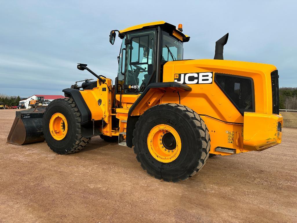 2018 JCB 457 ZX wheel loader, cab w/AC, 23.5x25 tires, 4-spd powershift trans, quick coupler 3 1/2