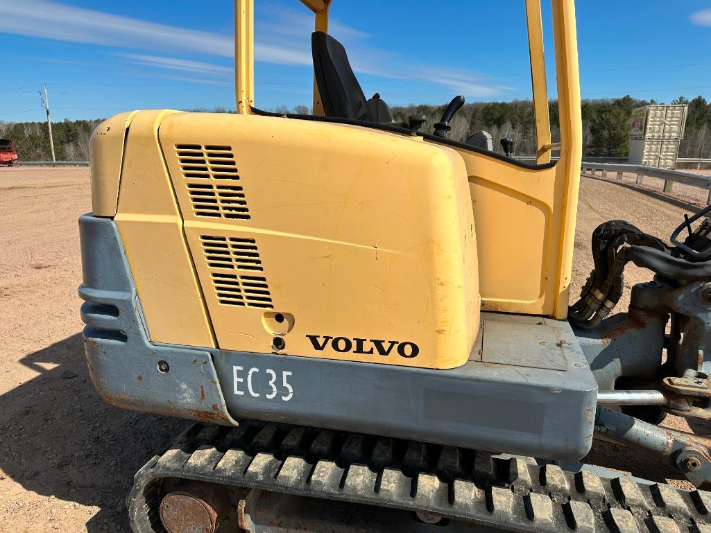 Volvo EC 35 excavator, OROPS, 12" rubber tracks, front blade, 24" bucket, 3rd valve, hyd thumb, runs