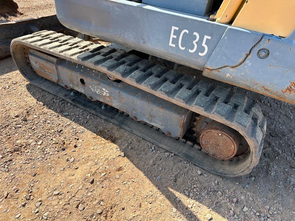Volvo EC 35 excavator, OROPS, 12" rubber tracks, front blade, 24" bucket, 3rd valve, hyd thumb, runs