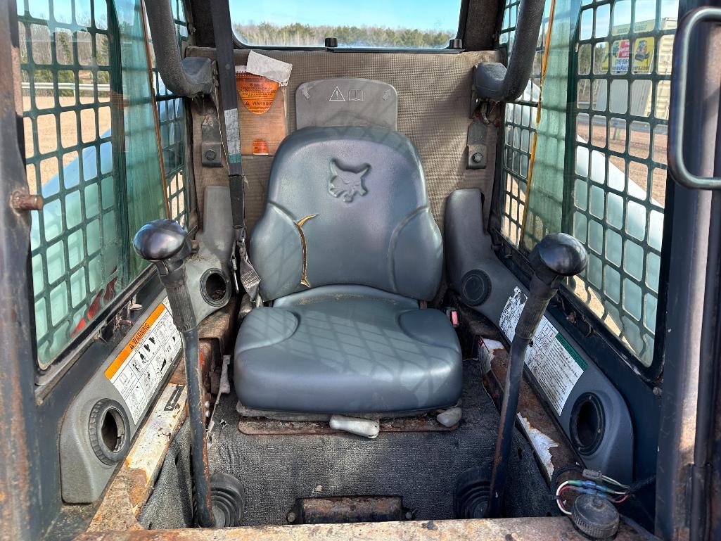 Bobcat S220 skid steer, cab w/AC, aux hyds, hand & foot controls, 12x16.5 tires, runs & operates,