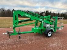 2014 Genie TZ-34/20 towable boom lift, electric powered, 34' lift, outriggers, ball hitch,