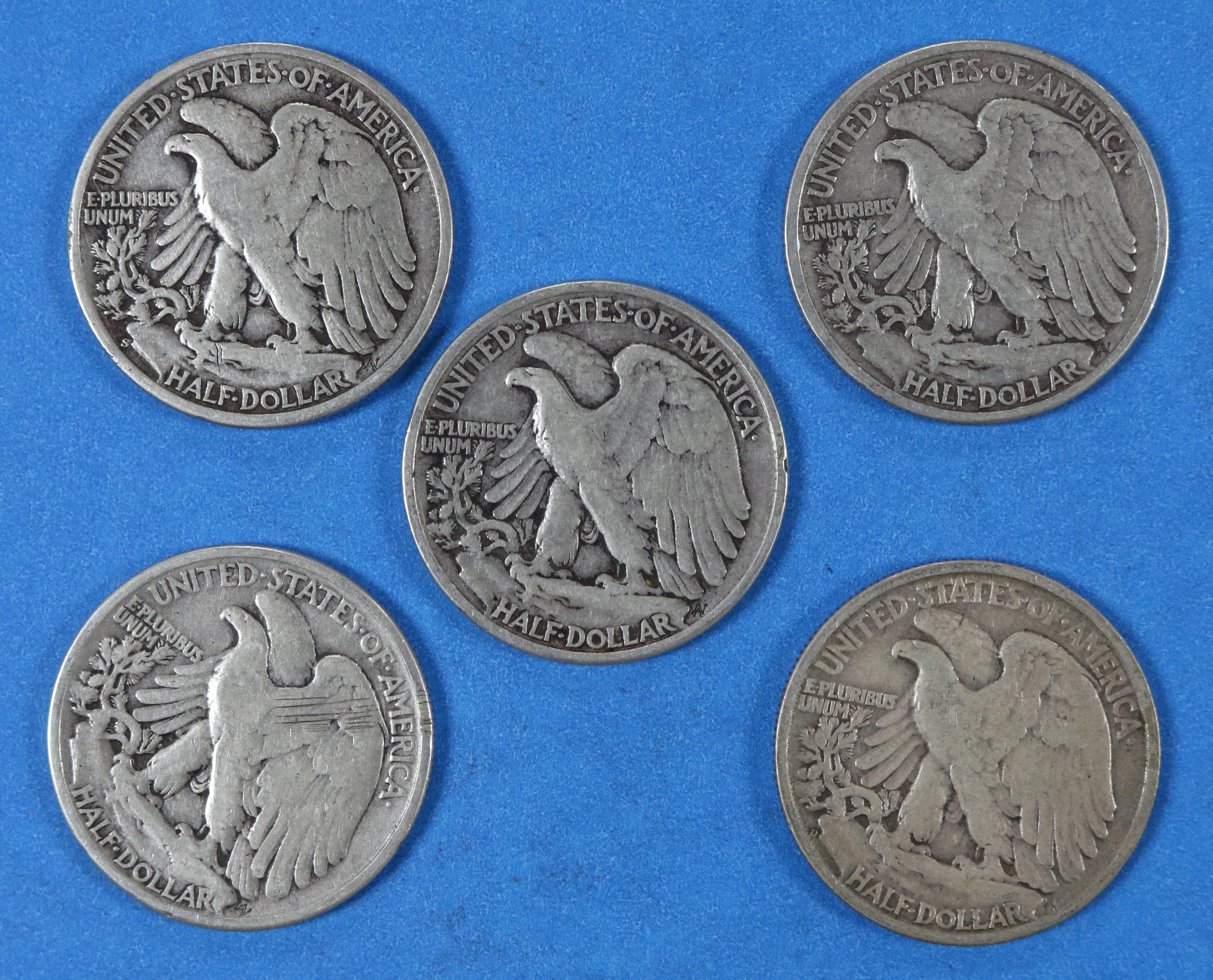 Lot of 5 Walking Liberty Half Dollar Silver Coins 1942-1946