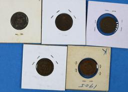Lot of 5 Indian Head Pennies - 1904-1908