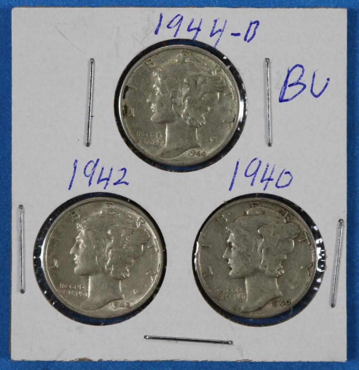 Lot of 3 Silver Mercury Dimes 1940 1942 1944-D
