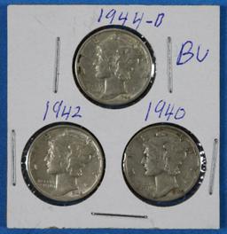 Lot of 3 Silver Mercury Dimes 1940 1942 1944-D
