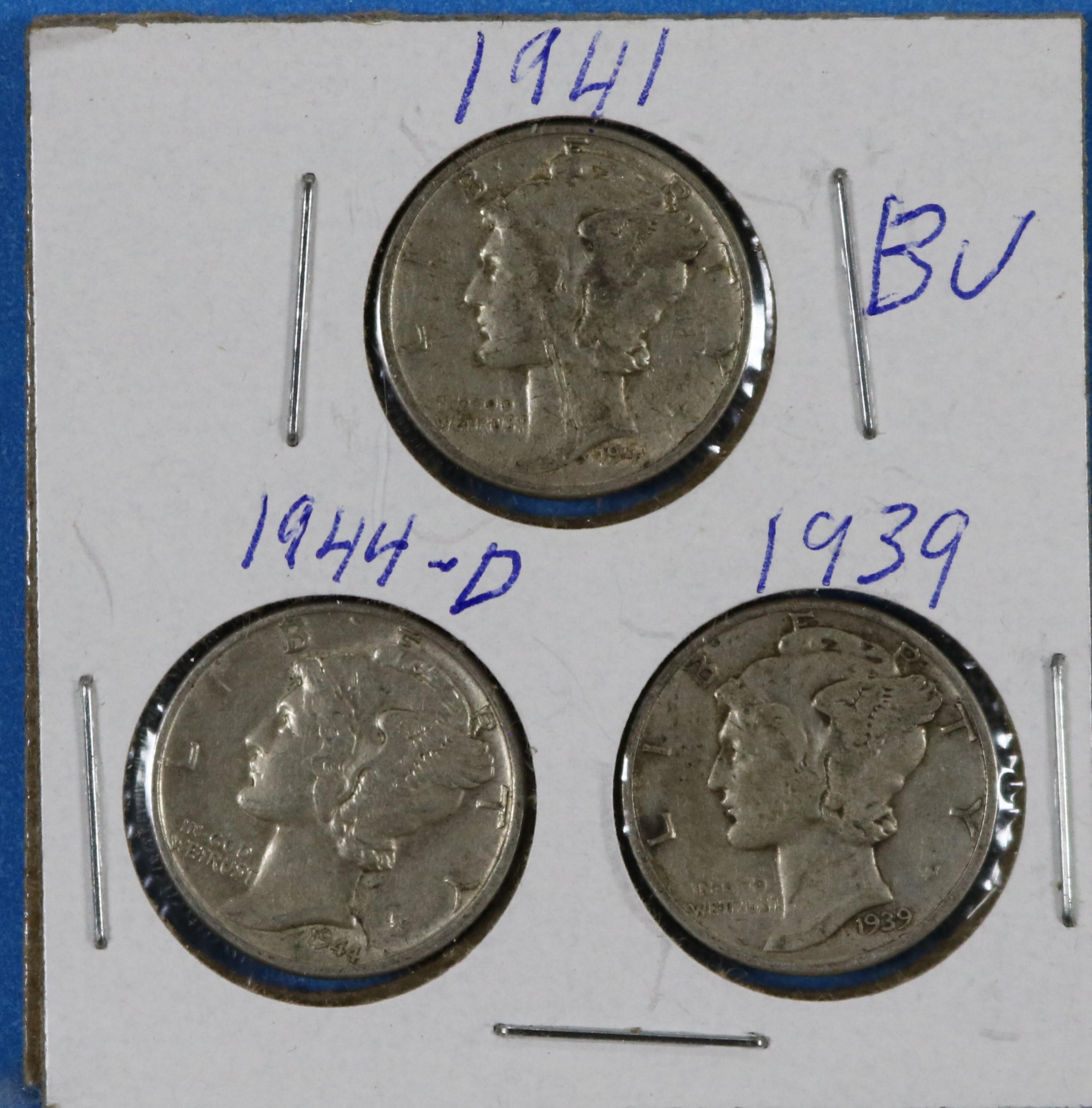Lot of 3 Silver Mercury Dimes 1939 1941 1944-D