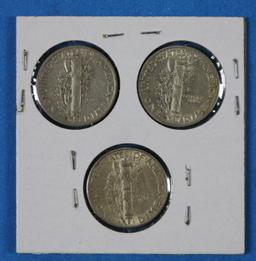 Lot of 3 Silver Mercury Dimes 1942-1945