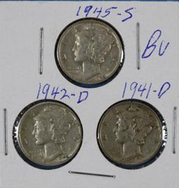 Lot of 3 Silver Mercury Dimes 1941-D, 1942-D, 1945-S