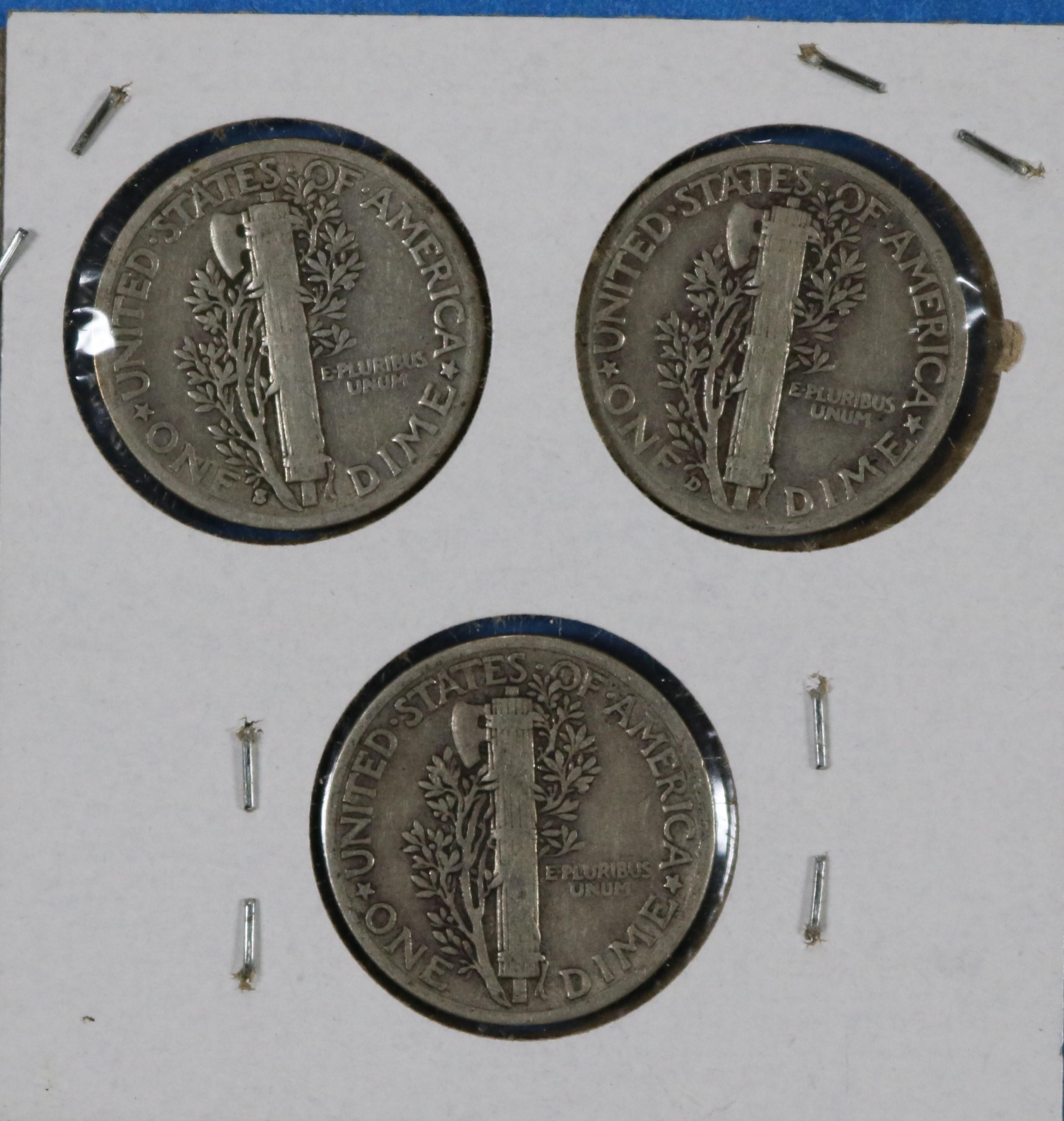 Lot of 3 Silver Mercury Dimes 1939 S D P