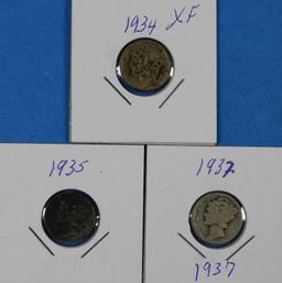 Lot of 3 Silver Mercury Dimes 1934, 1935, 1937