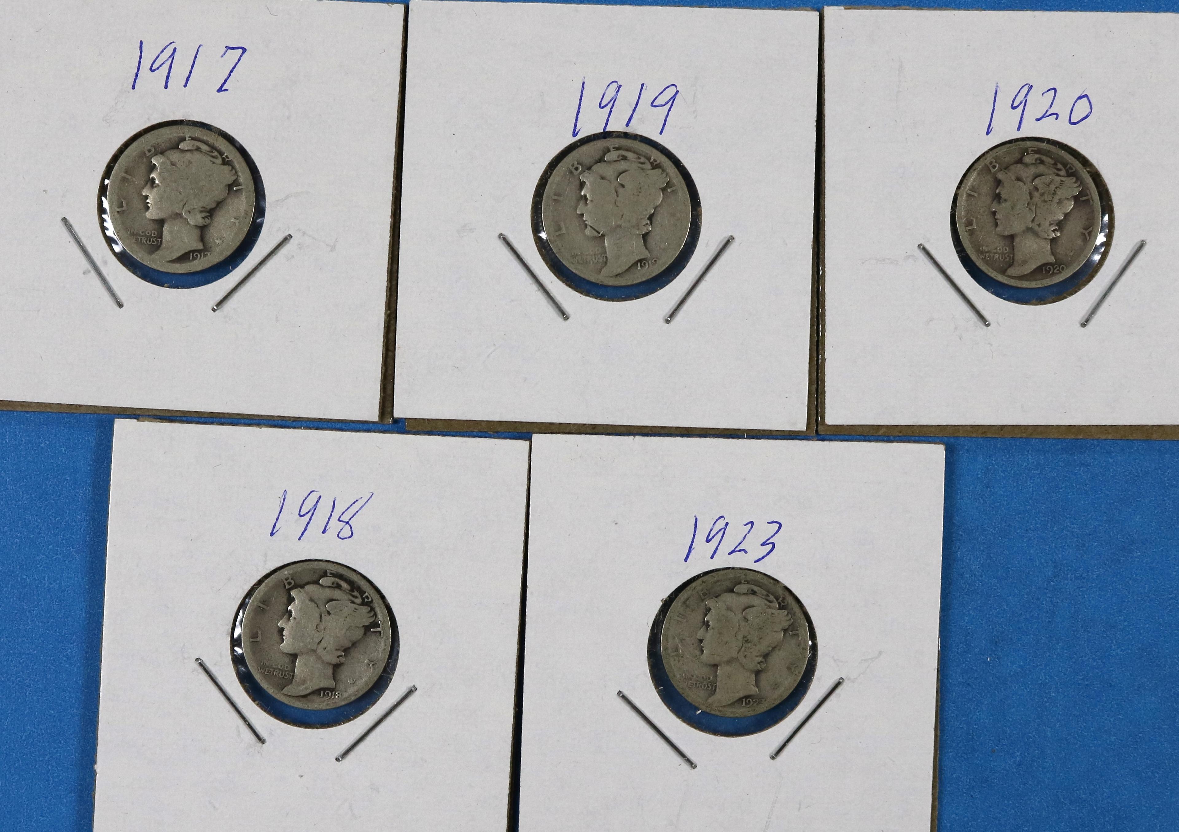 Lot of 5 Mercury Silver Dimes 1917, 1918, 1919, 1920, 1923