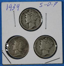 Lot of 3 Silver Mercury Dimes 1939 S D P