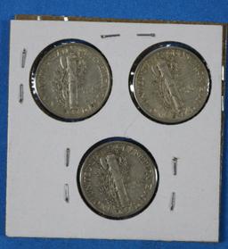 Lot of 3 Silver Mercury Dimes 1942-1944
