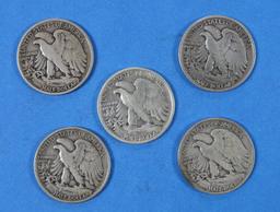 Lot of 5 Walking Liberty Half Dollars 1940-1943