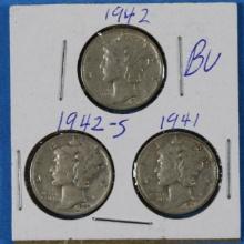Lot of 3 Mercury Silver Dimes 1941 1942-S & 1942