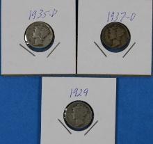 Lot of 3 Mercury Silver Dimes 1929 1935-D & 1937-D