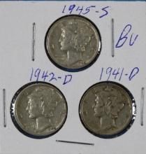 Lot of 3 Silver Mercury Dimes 1941-D, 1942-D, 1945-S