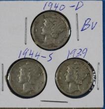 Lot of 3 Silver Mercury Dimes 1939, 1940-D, 1944-S