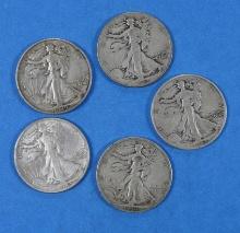 Lot of 5 Walking Liberty Half Dollars 1936-1943