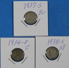 Lot of 3 Silver Mercury Dimes 1934-D, 1937-S, 1938-S