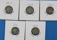 Lot of 5 Mercury Silver Dimes 1917, 1918, 1919, 1920, 1923