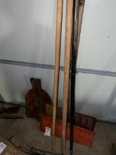 Two antiques snow shovels, two coal shovel heads ,squeegee ,extra handle