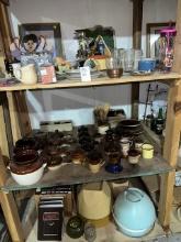 three shelves, brown vintage glazed crocs, stoneware French onion soup, antique hairdryers