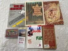 Cookbooks, playing cards, marbles