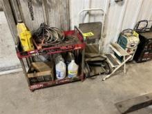 LOT: 2-SHELF METAL SHOP STAND, 30" X 16", SNAP-ON MECHANIC'S STOOL, 2-STEP STOOLS, BOOSTER CABLES