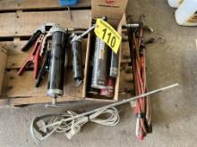 LOT: GREASE GUNS, BATTERY CLAMPS, BUNGEES, MIXER PADDLE, EXTENSION CORD