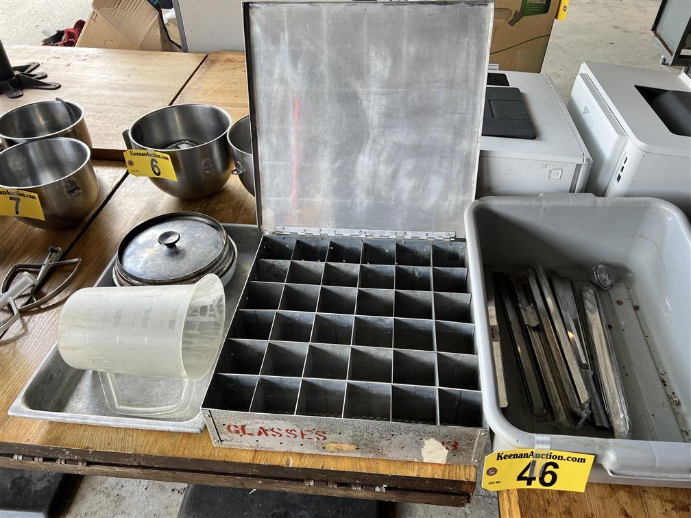 LOT OF ASSORTED KITCHENWARE, INSERT DIVIDERS, CATERING GLASSWARE CABINET, MISC.