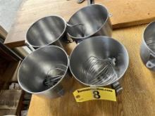LOT: (4) 5QT. MIXING BOWLS, WITH HOOK & 2-WHIPS
