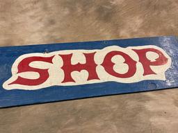 Vintage Hand Painted "Ski Shop"/"Antiques" Double Sided Wood Sign.