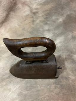 Antique Box Iron with Back Hinged Door and Carved Wooden Handle