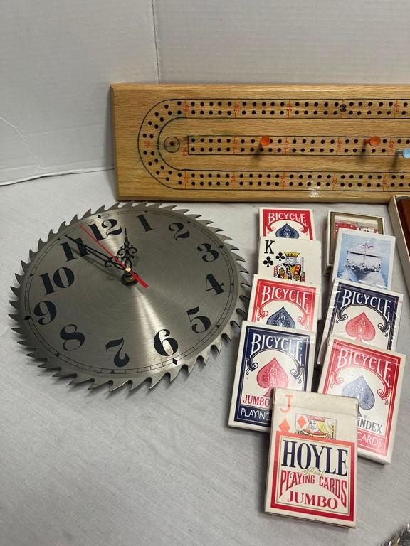 Cribbage Games, Playing Cards And Sawblade Clock