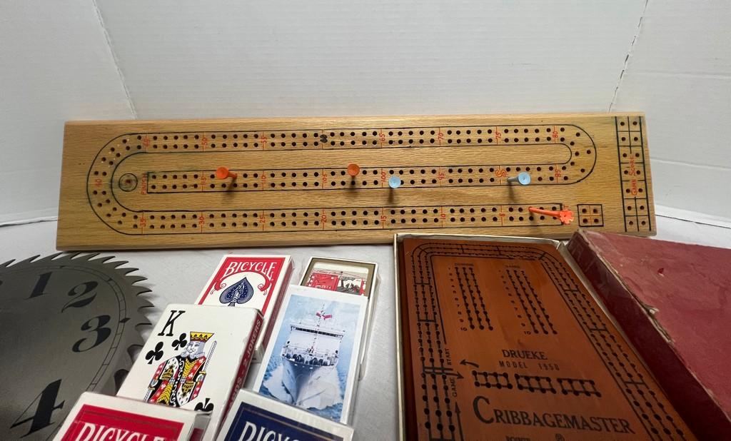 Cribbage Games, Playing Cards And Sawblade Clock