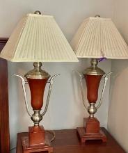 Cherry Finish Urn Style Table Lamps With Shades