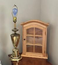 Pine Tabletop Display Cabinet & Brass Lamp