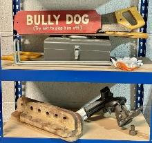 Saws, Torch Set In Box, Neat Sign & Bench Vise