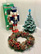 Ceramic Electric Christmas Tree, Nutcracker & Wreath Lot