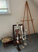 Lot of Trophies and Upholstered Foot Stool, Easel, Etched Mirror