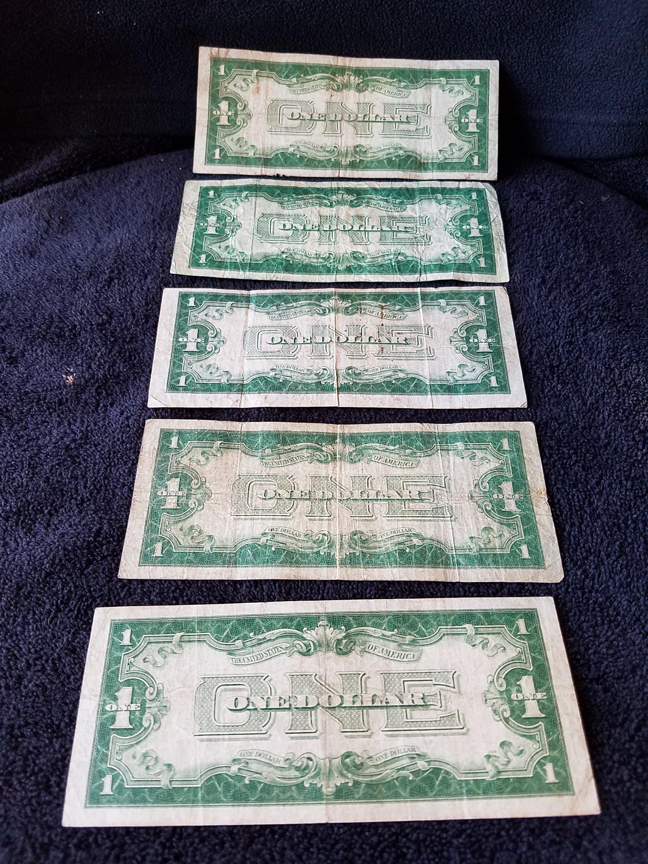5 1928 $1 Silver Certificates FUNNY BACK