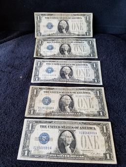 5 1928 $1 Silver Certificates FUNNY BACK