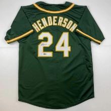 Autographed/Signed Rickey Henderson Oakland Green Baseball Jersey Beckett BAS COA