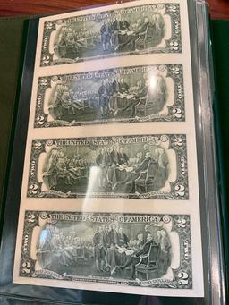 Folio of Mixed Currency  $1 - $2- $5 - Uncut Sheets BU Circulated Notes $51 Face