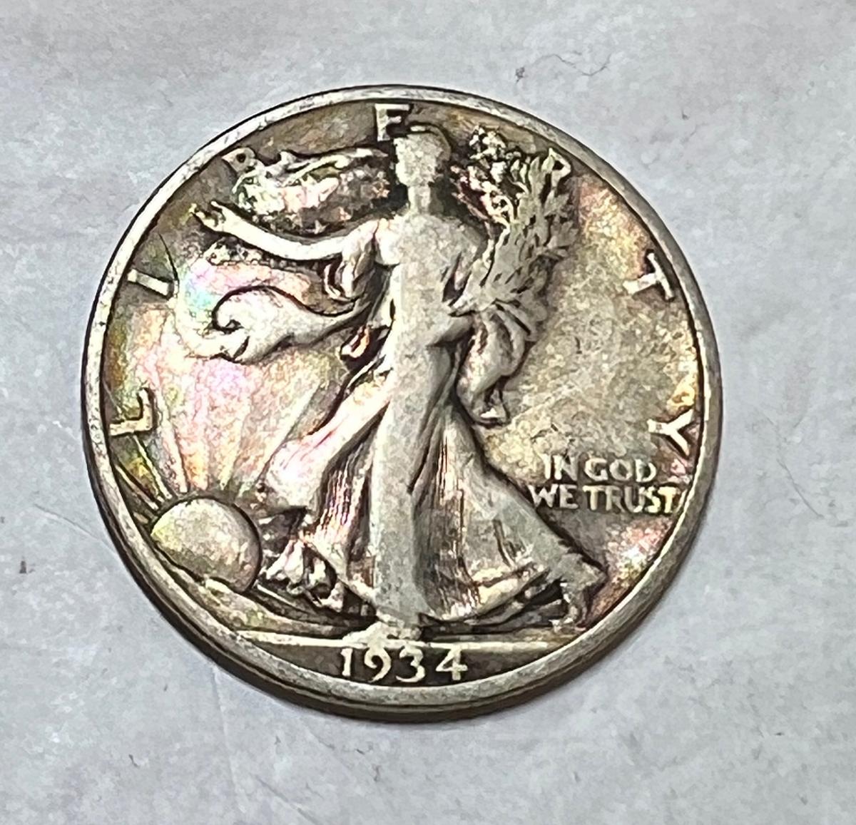 1934 S Walking Liberty Half Dollar Rainbow Toning