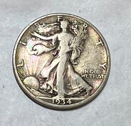 1934 S Walking Liberty Half Dollar Rainbow Toning