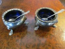 Pair of Scottish Silver Open Salts w//Blue Liners & Sterling Spoons