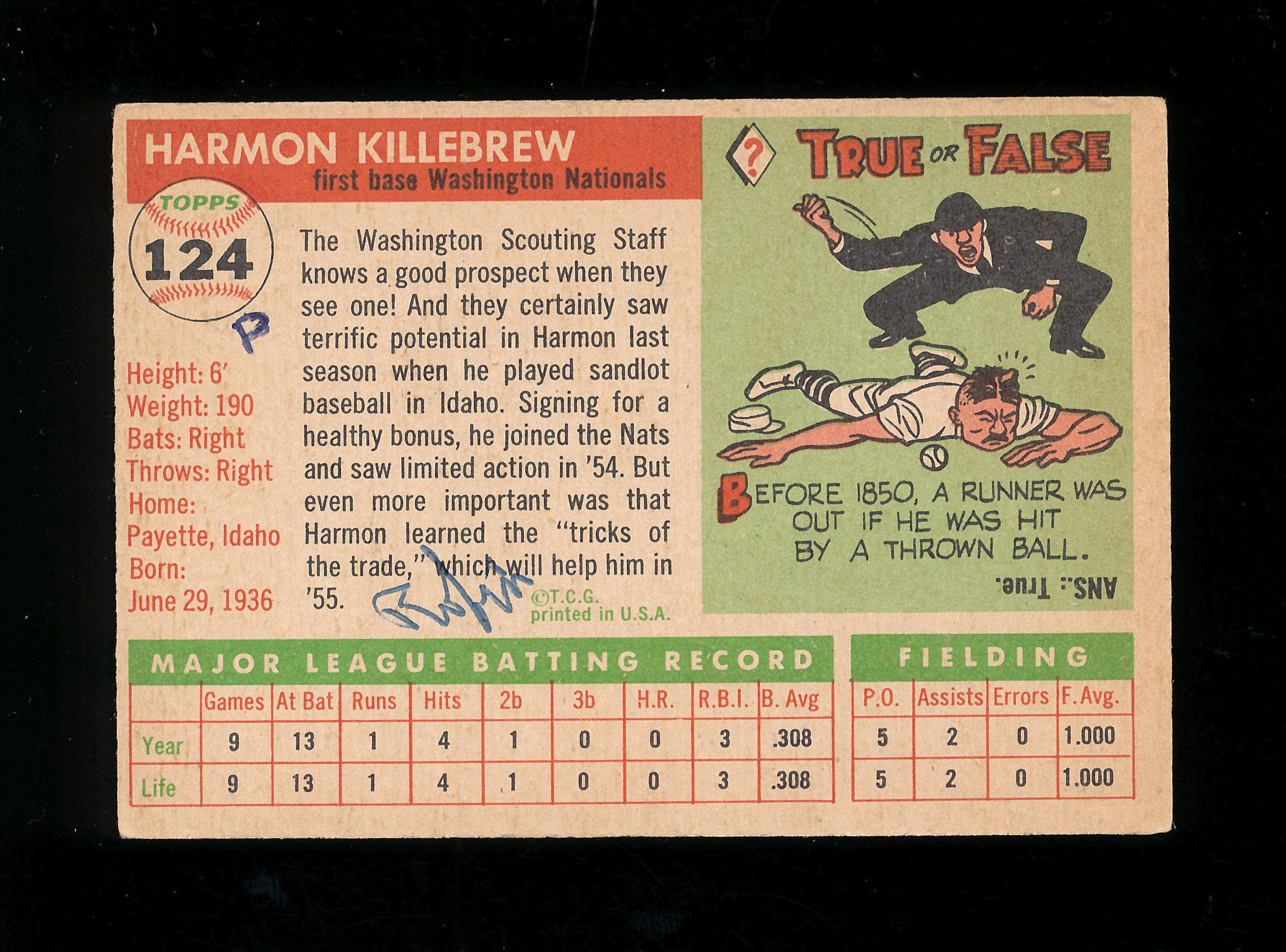 1955 Topps  ROOKIE Baseball Card #124 Rookie Hall Of Famer Harmon Killebrew